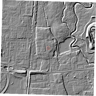 Shaded relief map of the ground around EN87FR, computed from Environment Agency LiDAR. The ground here sits at about 20 m above sea level and falls 9 m across the surrounding 800 m. Surface water reaching this point runs off ground lying to the north-west, 1.0 m higher.
