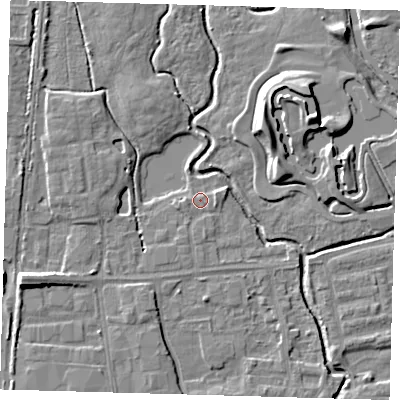 Shaded relief map of the ground around EN87FS, computed from Environment Agency LiDAR. The ground here sits at about 19 m above sea level and falls 10 m across the surrounding 800 m. Surface water reaching this point runs off ground lying to the west, 0.8 m higher.