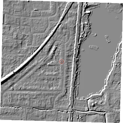 Shaded relief map of the ground around EN87HA, computed from Environment Agency LiDAR. The ground here sits at about 20 m above sea level and falls 8 m across the surrounding 800 m. Surface water reaching this point runs off ground lying to the north-north-east, 0.6 m higher.