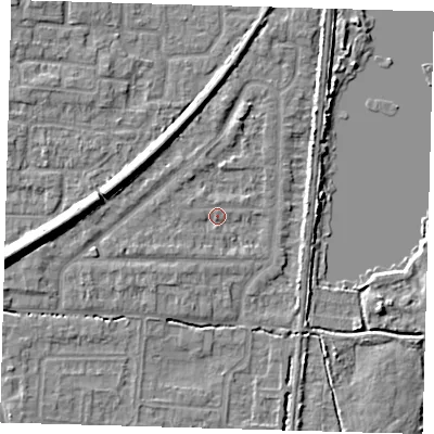 Shaded relief map of the ground around EN87HB, computed from Environment Agency LiDAR. The ground here sits at about 20 m above sea level and falls 10 m across the surrounding 800 m. Surface water reaching this point runs off ground lying to the west-south-west, 2.1 m higher.