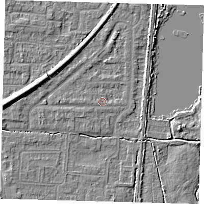 Shaded relief map of the ground around EN87HE, computed from Environment Agency LiDAR. The ground here sits at about 20 m above sea level and falls 10 m across the surrounding 800 m. Surface water reaching this point runs off ground lying to the west, 1.6 m higher.
