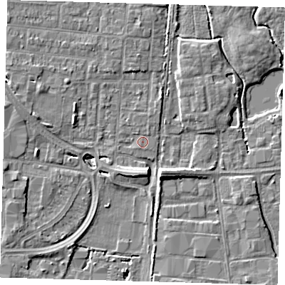 Shaded relief map of the ground around EN87HF, computed from Environment Agency LiDAR. The ground here sits at about 19 m above sea level and falls 8 m across the surrounding 800 m. Surface water reaching this point runs off ground lying to the north-north-east, 0.7 m higher.