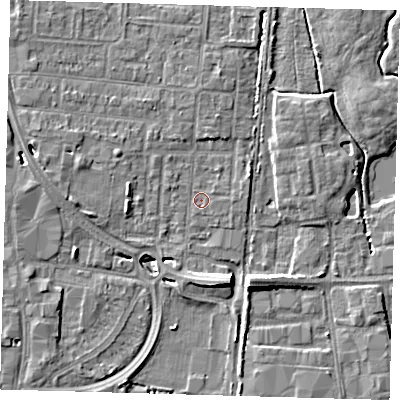 Shaded relief map of the ground around EN87HJ, computed from Environment Agency LiDAR. The ground here sits at about 19 m above sea level and falls 8 m across the surrounding 800 m. Surface water reaching this point runs off ground lying to the north-north-east, 0.7 m higher.