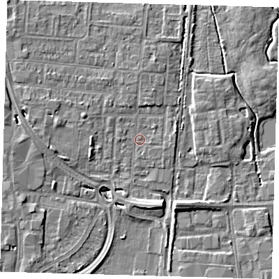 Shaded relief map of the ground around EN87HL, computed from Environment Agency LiDAR. The ground here sits at about 20 m above sea level and falls 8 m across the surrounding 800 m. Surface water reaching this point runs off ground lying to the north-east, 0.7 m higher.
