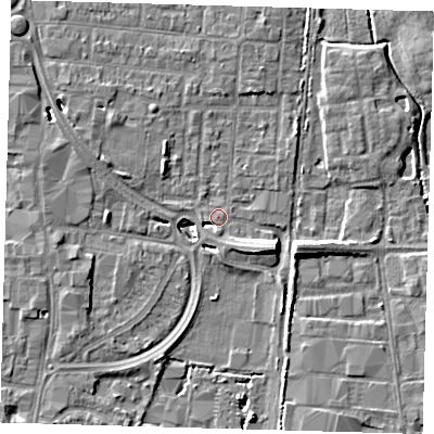 Shaded relief map of the ground around EN87HN, computed from Environment Agency LiDAR. The ground here sits at about 20 m above sea level and falls 8 m across the surrounding 800 m. Surface water reaching this point runs off ground lying to the west-south-west, 0.7 m higher.