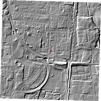 Shaded relief map of the ground around EN87HP, computed from Environment Agency LiDAR. The ground here sits at about 19 m above sea level and falls 8 m across the surrounding 800 m. Surface water reaching this point runs off ground lying to the north-west, 4.5 m higher.