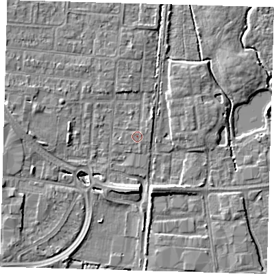 Shaded relief map of the ground around EN87HR, computed from Environment Agency LiDAR. The ground here sits at about 19 m above sea level and falls 8 m across the surrounding 800 m. Surface water reaching this point runs off ground lying to the east-north-east, 0.6 m higher.