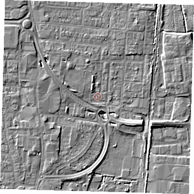 Shaded relief map of the ground around EN87HS, computed from Environment Agency LiDAR. The ground here sits at about 20 m above sea level and falls 8 m across the surrounding 800 m. Surface water reaching this point runs off ground lying to the west-north-west, 2.6 m higher.