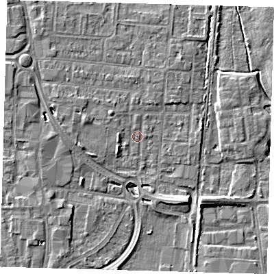 Shaded relief map of the ground around EN87HT, computed from Environment Agency LiDAR. The ground here sits at about 20 m above sea level and falls 8 m across the surrounding 800 m. Surface water reaching this point runs off ground lying to the north-west, 4.5 m higher.
