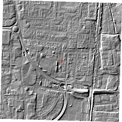 Shaded relief map of the ground around EN87HU, computed from Environment Agency LiDAR. The ground here sits at about 20 m above sea level and falls 8 m across the surrounding 800 m. Surface water reaching this point runs off ground lying to the west-north-west, 2.0 m higher.