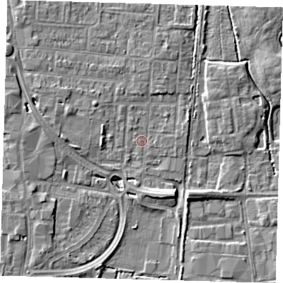 Shaded relief map of the ground around EN87HW, computed from Environment Agency LiDAR. The ground here sits at about 19 m above sea level and falls 8 m across the surrounding 800 m. Surface water reaching this point runs off ground lying to the north-north-west, 1.0 m higher.