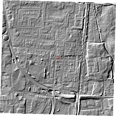 Shaded relief map of the ground around EN87HX, computed from Environment Agency LiDAR. The ground here sits at about 20 m above sea level and falls 8 m across the surrounding 800 m. Surface water reaching this point runs off ground lying to the north-north-east, 0.9 m higher.