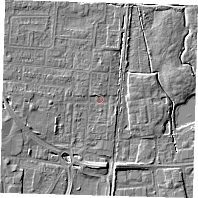 Shaded relief map of the ground around EN87HZ, computed from Environment Agency LiDAR. The ground here sits at about 19 m above sea level and falls 8 m across the surrounding 800 m. Surface water reaching this point runs off ground lying to the north-north-west, 1.8 m higher.