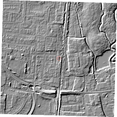 Shaded relief map of the ground around EN87JA, computed from Environment Agency LiDAR. The ground here sits at about 19 m above sea level and falls 8 m across the surrounding 800 m. Surface water reaching this point runs off ground lying to the north-west, 1.9 m higher.