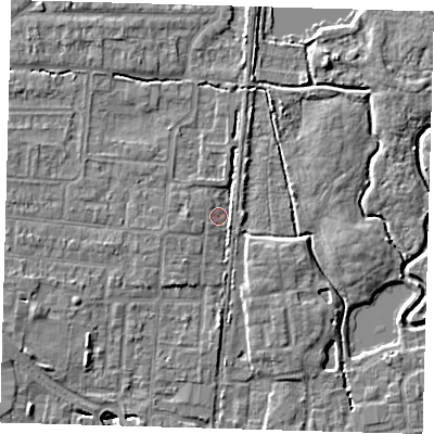 Shaded relief map of the ground around EN87JD, computed from Environment Agency LiDAR. The ground here sits at about 19 m above sea level and falls 6 m across the surrounding 800 m. Surface water reaching this point runs off ground lying to the west-north-west, 2.5 m higher.