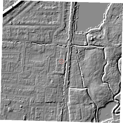 Shaded relief map of the ground around EN87JF, computed from Environment Agency LiDAR. The ground here sits at about 19 m above sea level and falls 9 m across the surrounding 800 m. Surface water reaching this point runs off ground lying to the south-south-east, 0.7 m higher.