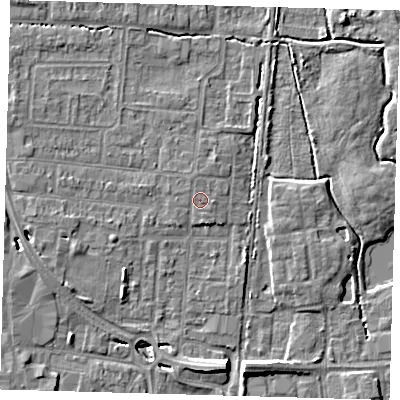 Shaded relief map of the ground around EN87JG, computed from Environment Agency LiDAR. The ground here sits at about 20 m above sea level and falls 8 m across the surrounding 800 m. Surface water reaching this point runs off ground lying to the north-north-west, 0.6 m higher.