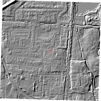 Shaded relief map of the ground around EN87JH, computed from Environment Agency LiDAR. The ground here sits at about 20 m above sea level and falls 10 m across the surrounding 800 m. Surface water reaching this point runs off ground lying to the west, 1.5 m higher.
