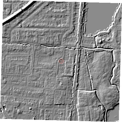 Shaded relief map of the ground around EN87JJ, computed from Environment Agency LiDAR. The ground here sits at about 19 m above sea level and falls 9 m across the surrounding 800 m. Surface water reaching this point runs off ground lying to the west-south-west, 2.4 m higher.