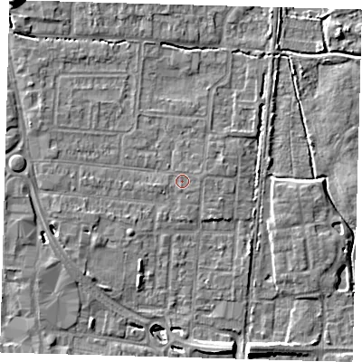 Shaded relief map of the ground around EN87JL, computed from Environment Agency LiDAR. The ground here sits at about 20 m above sea level and falls 11 m across the surrounding 800 m. Surface water reaching this point runs off ground lying to the east, 0.6 m higher.
