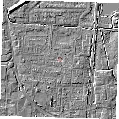 Shaded relief map of the ground around EN87JN, computed from Environment Agency LiDAR. The ground here sits at about 20 m above sea level and falls 10 m across the surrounding 800 m. Surface water reaching this point runs off ground lying to the west, 1.5 m higher.