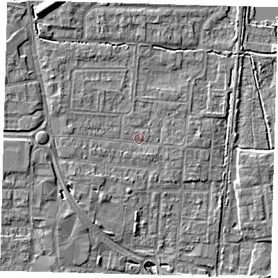 Shaded relief map of the ground around EN87JP, computed from Environment Agency LiDAR. The ground here sits at about 20 m above sea level and falls 11 m across the surrounding 800 m. Surface water reaching this point runs off ground lying to the west-north-west, 1.4 m higher.