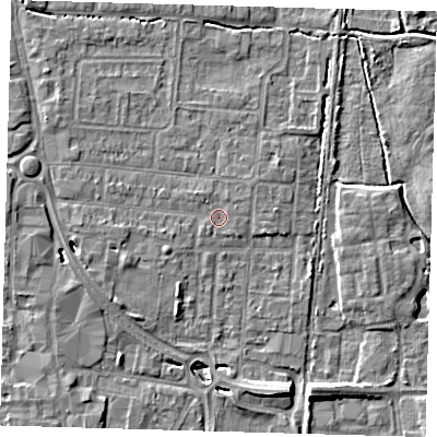 Shaded relief map of the ground around EN87JQ, computed from Environment Agency LiDAR. The ground here sits at about 20 m above sea level and falls 8 m across the surrounding 800 m. Surface water reaching this point runs off ground lying to the north-west, 0.8 m higher.