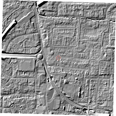 Shaded relief map of the ground around EN87JR, computed from Environment Agency LiDAR. The ground here sits at about 21 m above sea level and falls 12 m across the surrounding 800 m. Surface water reaching this point runs off ground lying to the west-south-west, 0.7 m higher.