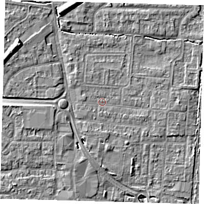 Shaded relief map of the ground around EN87JS, computed from Environment Agency LiDAR. The ground here sits at about 21 m above sea level and falls 12 m across the surrounding 800 m. Surface water reaching this point runs off ground lying to the west-south-west, 0.8 m higher.