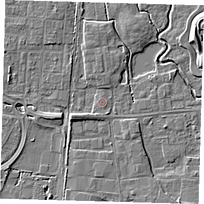 Shaded relief map of the ground around EN87JW, computed from Environment Agency LiDAR. The ground here sits at about 19 m above sea level and falls 9 m across the surrounding 800 m. The ground contributing surface water to this point lies to the south-south-west.