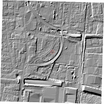 Shaded relief map of the ground around EN87LJ, computed from Environment Agency LiDAR. The ground here sits at about 19 m above sea level and falls 14 m across the surrounding 800 m. Surface water reaching this point runs off ground lying to the north-west, 3.7 m higher.