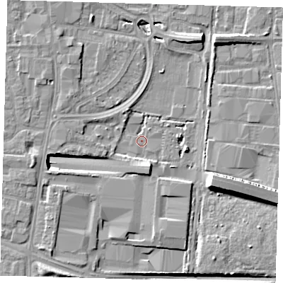 Shaded relief map of the ground around EN87LX, computed from Environment Agency LiDAR. The ground here sits at about 18 m above sea level and falls 15 m across the surrounding 800 m. Surface water reaching this point runs off ground lying to the south-south-west, 3.2 m higher.
