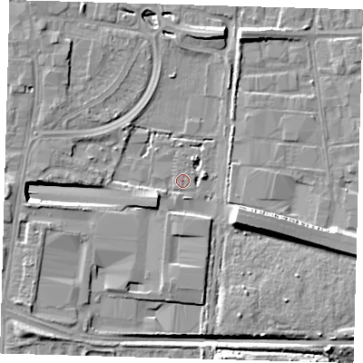 Shaded relief map of the ground around EN87LY, computed from Environment Agency LiDAR. The ground here sits at about 19 m above sea level and falls 15 m across the surrounding 800 m. Surface water reaching this point runs off ground lying to the west-south-west, 4.6 m higher.