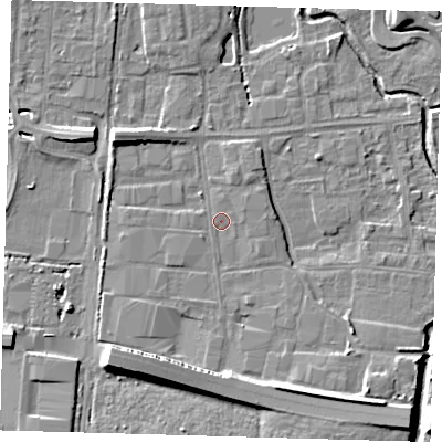 Shaded relief map of the ground around EN87NH, computed from Environment Agency LiDAR. The ground here sits at about 19 m above sea level and falls 11 m across the surrounding 800 m. Surface water reaching this point runs off ground lying to the south-south-west, 7.9 m higher.