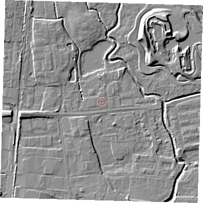Shaded relief map of the ground around EN87NJ, computed from Environment Agency LiDAR. The ground here sits at about 19 m above sea level and falls 10 m across the surrounding 800 m. Surface water reaching this point runs off ground lying to the north-east, 0.6 m higher.