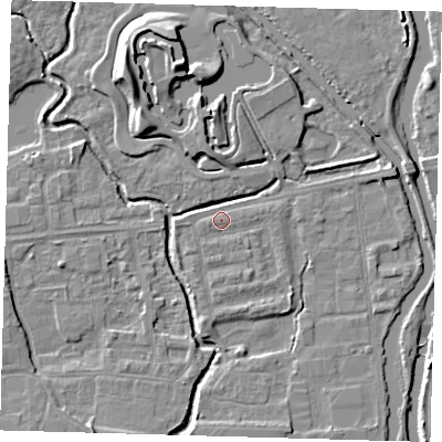 Shaded relief map of the ground around EN87NL, computed from Environment Agency LiDAR. The ground here sits at about 19 m above sea level and falls 10 m across the surrounding 800 m. Surface water reaching this point runs off ground lying to the west, 1.1 m higher.