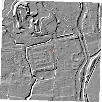 Shaded relief map of the ground around EN87NN, computed from Environment Agency LiDAR. The ground here sits at about 19 m above sea level and falls 10 m across the surrounding 800 m. Surface water reaching this point runs off ground lying to the west, 1.0 m higher.