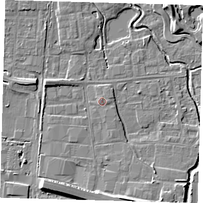 Shaded relief map of the ground around EN87NP, computed from Environment Agency LiDAR. The ground here sits at about 20 m above sea level and falls 10 m across the surrounding 800 m. Surface water reaching this point runs off ground lying to the north, 1.0 m higher.