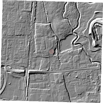 Shaded relief map of the ground around EN87NS, computed from Environment Agency LiDAR. The ground here sits at about 19 m above sea level and falls 9 m across the surrounding 800 m. Surface water reaching this point runs off ground lying to the north-north-west, 3.2 m higher.