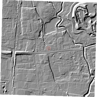 Shaded relief map of the ground around EN87NT, computed from Environment Agency LiDAR. The ground here sits at about 19 m above sea level and falls 10 m across the surrounding 800 m. Surface water reaching this point runs off ground lying to the west, 6.1 m higher.