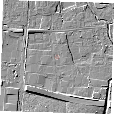 Shaded relief map of the ground around EN87NU, computed from Environment Agency LiDAR. The ground here sits at about 19 m above sea level and falls 11 m across the surrounding 800 m. Surface water reaching this point runs off ground lying to the north-east, 0.9 m higher.