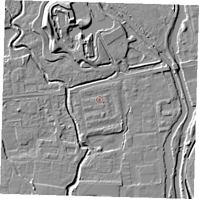 Shaded relief map of the ground around EN87NW, computed from Environment Agency LiDAR. The ground here sits at about 19 m above sea level and falls 10 m across the surrounding 800 m. Surface water reaching this point runs off ground lying to the east-north-east, 1.0 m higher.