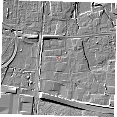 Shaded relief map of the ground around EN87NX, computed from Environment Agency LiDAR. The ground here sits at about 19 m above sea level and falls 10 m across the surrounding 800 m. Surface water reaching this point runs off ground lying to the south, 7.9 m higher.