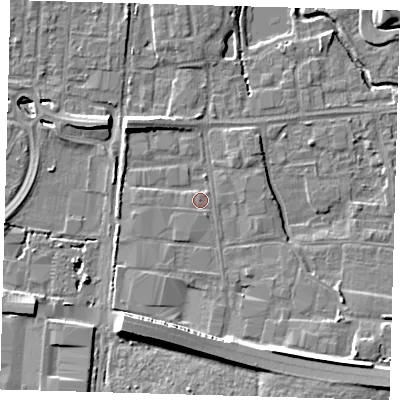 Shaded relief map of the ground around EN87NY, computed from Environment Agency LiDAR. The ground here sits at about 19 m above sea level and falls 10 m across the surrounding 800 m. Surface water reaching this point runs off ground lying to the south-south-west, 7.9 m higher.
