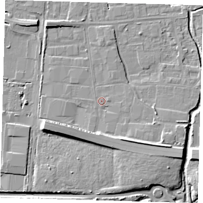 Shaded relief map of the ground around EN87NZ, computed from Environment Agency LiDAR. The ground here sits at about 20 m above sea level and falls 15 m across the surrounding 800 m. Surface water reaching this point runs off ground lying to the south-east, 1.2 m higher.
