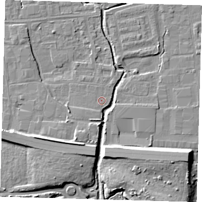 Shaded relief map of the ground around EN87PA, computed from Environment Agency LiDAR. The ground here sits at about 18 m above sea level and falls 11 m across the surrounding 800 m. Surface water reaching this point runs off ground lying to the west-south-west, 0.6 m higher.
