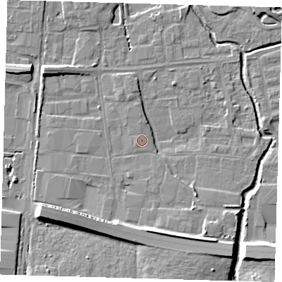 Shaded relief map of the ground around EN87PD, computed from Environment Agency LiDAR. The ground here sits at about 19 m above sea level and falls 11 m across the surrounding 800 m. Surface water reaching this point runs off ground lying to the west-south-west, 0.5 m higher.