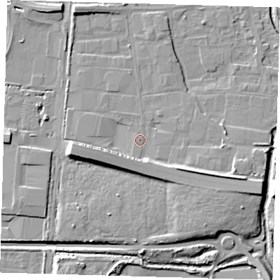 Shaded relief map of the ground around EN87PF, computed from Environment Agency LiDAR. The ground here sits at about 20 m above sea level and falls 15 m across the surrounding 800 m. Surface water reaching this point runs off ground lying to the west-south-west, 7.5 m higher.