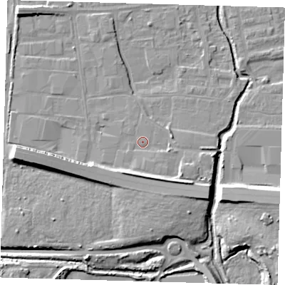 Shaded relief map of the ground around EN87PG, computed from Environment Agency LiDAR. The ground here sits at about 20 m above sea level and falls 15 m across the surrounding 800 m. Surface water reaching this point runs off ground lying to the east-south-east, 1.6 m higher.