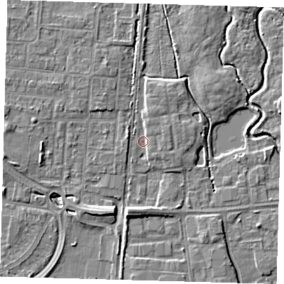 Shaded relief map of the ground around EN87PJ, computed from Environment Agency LiDAR. The ground here sits at about 19 m above sea level and falls 8 m across the surrounding 800 m. Surface water reaching this point runs off ground lying to the north-west, 2.9 m higher.